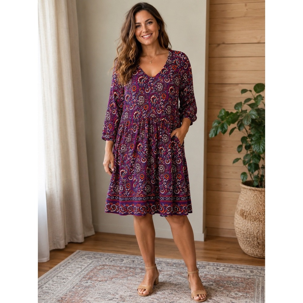 Garnet Hill Purple Paisley Floral V-Neck Midi Dress 3/4 Sleeve Ruffle Cuff 00